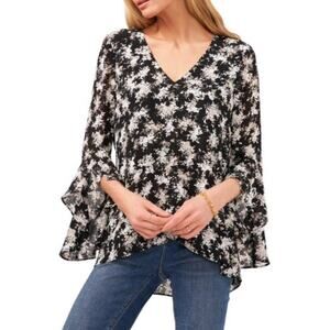 Vince Camuto New Womens Floral Ruffle Sleeve Blouse Black White XS Boho Cottage